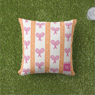 Tennis Greek Key Stripe Orange & Hot Pink Monogram Cushion