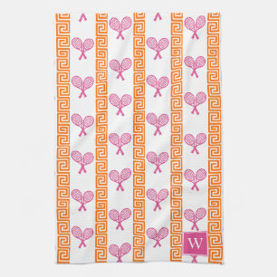 Tennis Greek Key Stripe Orange & Hot Pink Monogram Tea Towel