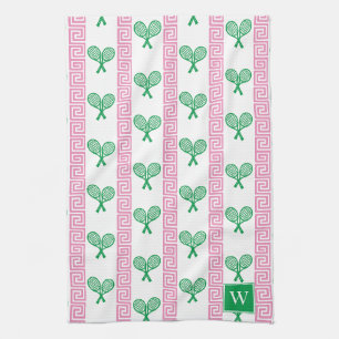 Tennis Greek Key Stripe - Pink & Green Monogram Tea Towel