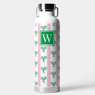 Tennis Greek Key Stripe –  Pink & Green Monogram  Water Bottle