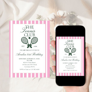 Tennis Green Pink Bow Birthday Invitation
