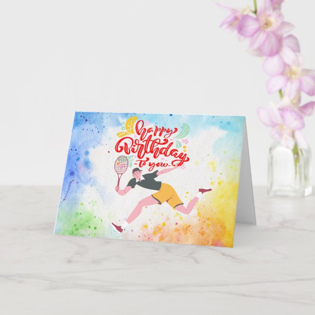 Tennis Happy Birthday Tennis Player watercolor Card (Orchid)