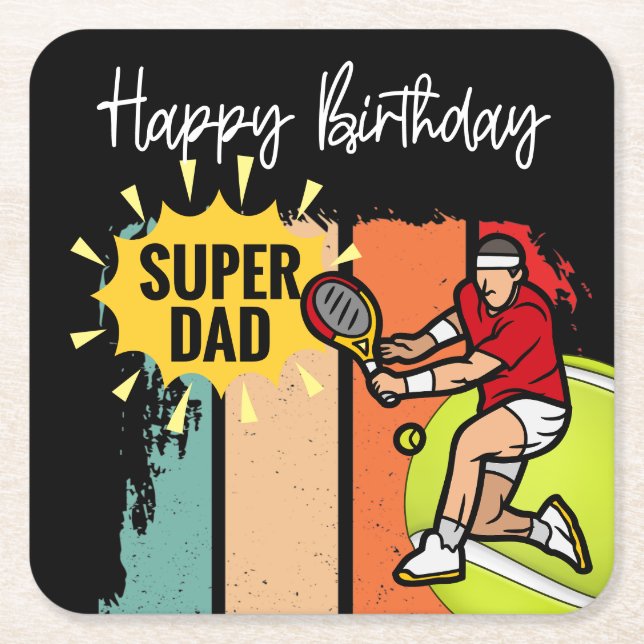 Tennis Happy Birthday to Tennis Dad Funny Party   Square Paper Coaster (Front)