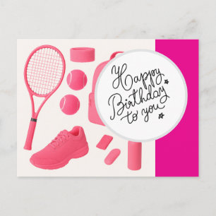 Tennis Happy Birthday with ball and  racket pink Postcard