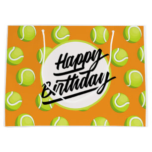 Tennis Happy Birthday with ball on orange Large Gift Bag