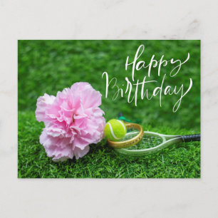 Tennis Happy Birthday with Carnation Flower Postcard