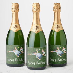 Tennis Happy Birthday with tennis player man woman Sparkling Wine Label