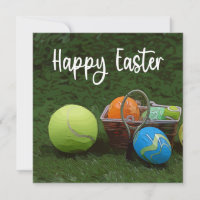 Tennis Happy Easter with ball and eggs on green