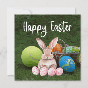 Tennis Happy Easter with ball and eggs on green Holiday Card