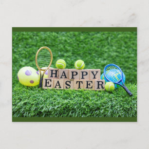 Tennis Happy Easter with ball racket and eggs Post Postcard