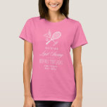 Tennis Last Swing Before The Ring Bachelorette T-Shirt<br><div class="desc">Serve up style at the ultimate tennis-themed bachelorette weekend with this Last Swing Before the Ring T-shirt. Designed for brides and bridesmaids, this sporty yet chic tee is perfect for hen parties, girls’ trips, tennis weekends, pre-wedding celebrations, or relaxed match-day outfits. A fun, modern design that works beautifully for coordinated...</div>