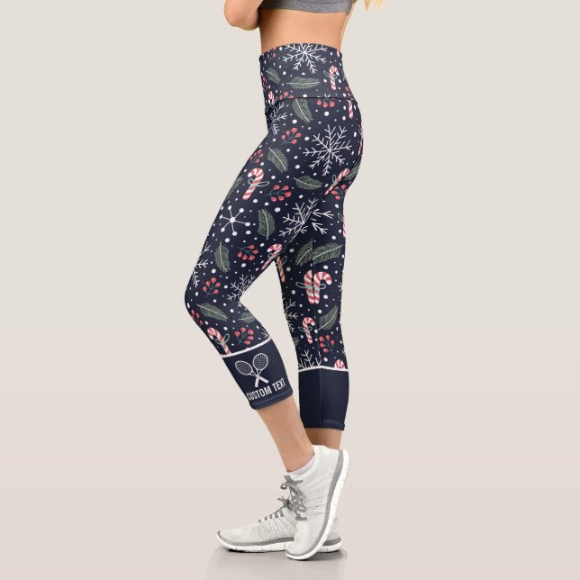 Tennis Logo Winter Christmas Print Custom Text Capri Leggings (Left)