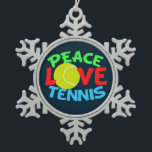 Tennis Love Blue Snowflake Pewter Christmas Ornament<br><div class="desc">I love playing tennis. A cute tennis player Christmas gift with a yellow tennis ball as the O in Love. Peace and Tennis written in blue and green.</div>