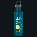 Tennis Love Personalised Teal and Yellow 710 Ml Water Bottle<br><div class="desc">Teal Blue Green and Yellow personalised stainless steel water bottle with a "LOVE" name monogram uses an elegant and cute calligraphy script font and has a subtle net pattern background for a unique teal tone on tone pop art design effect with a tennis ball as the "O" in Love.</div>