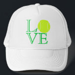 Tennis Love Trucker Hat<br><div class="desc">This "Tennis Love" hat is sure to score some points with tennis players. (That's called, "irony, " children.) The hat spells out the word, "LOVE" in green, open faced lettering, while using a tennis ball for the "O". The design works on many levels, so just pick your favourite and order...</div>
