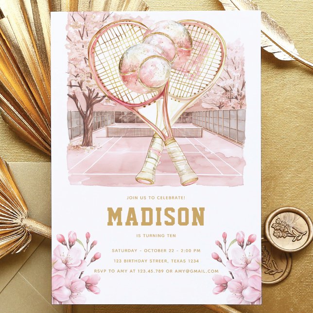 Tennis Luxury Girl Birthday Pink Gold  Invitation (Creator Uploaded)