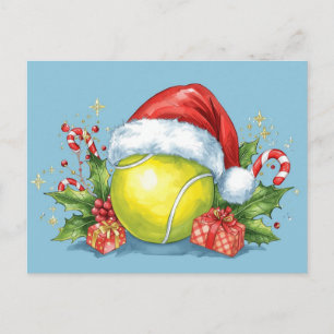 Tennis Merry Christmas tennis ball on the court H Holiday Postcard