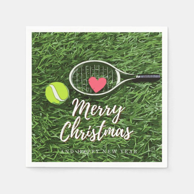 Tennis Merry Christmas with ball and racket love Napkin (Front)