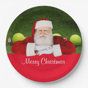 Tennis Merry Christmas with ball and Santa Claus Paper Plate