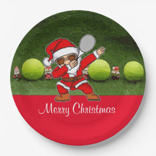 Tennis Merry Christmas with ball and Santa Claus Paper Plate