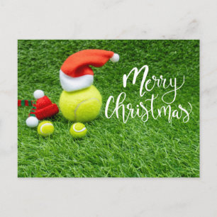 Tennis Merry Christmas with ball on green Postcard