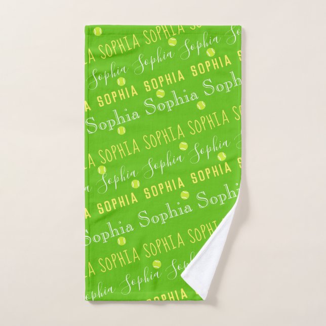 Tennis Monogram Repeating Name Green Yellow Hand Towel (Hand Towel)