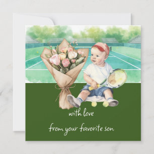 Tennis Mother's Day with boy hold racket on court Holiday Card