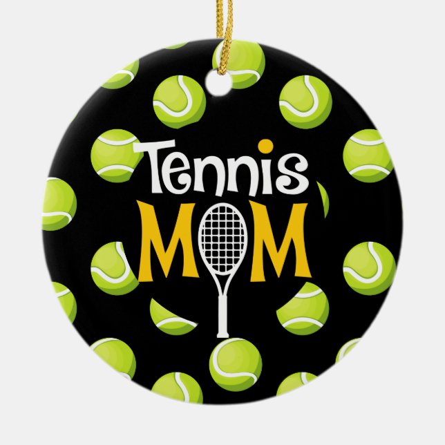Tennis Mum with Tennis ball on Black Mother  Ceramic Tree Decoration (Front)