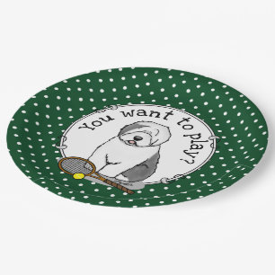 Tennis Old English Sheepdog (Grey 1) Dog Cute Paper Plate