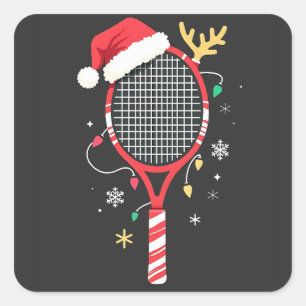 Tennis Paddle with Santa Hat and Christmas Lights Square Sticker