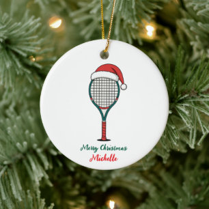 Tennis Paddle with Santa Hat Custom Christmas Ceramic Tree Decoration