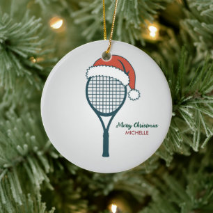 Tennis Paddle with Santa Hat Custom Christmas Ceramic Tree Decoration