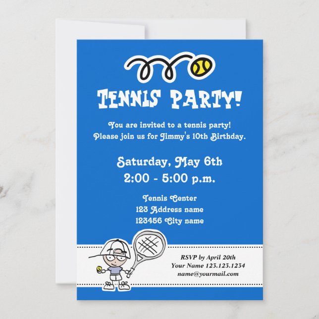 Tennis party invitations for boy's Birthday (Front)