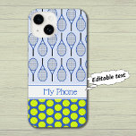 Tennis pattern custom name blue iPhone 14 case<br><div class="desc">This tennis-themed design uses tennis balls create a bright polka dot pattern,  and there is a further pattern using tennis rackets. A white stripe gives space for you to personalise with a name or other text. Background: two shades of blue.</div>