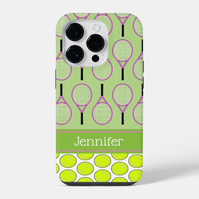 Tennis pattern custom name pink green iPhone case (Back)