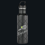 Tennis Personalised Elegant Script Name 710 Ml Water Bottle<br><div class="desc">Black and white personalised black stainless steel water bottle with a tennis racket monogram in an elegant and cute calligraphy script font with a subtle net pattern background.</div>