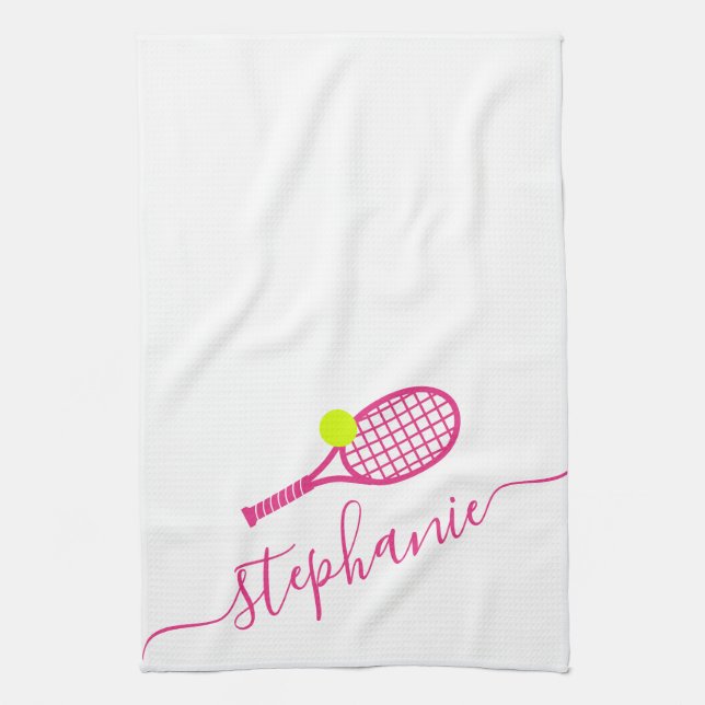 Tennis Personalised Pink Script Name Tea Towel (Vertical)