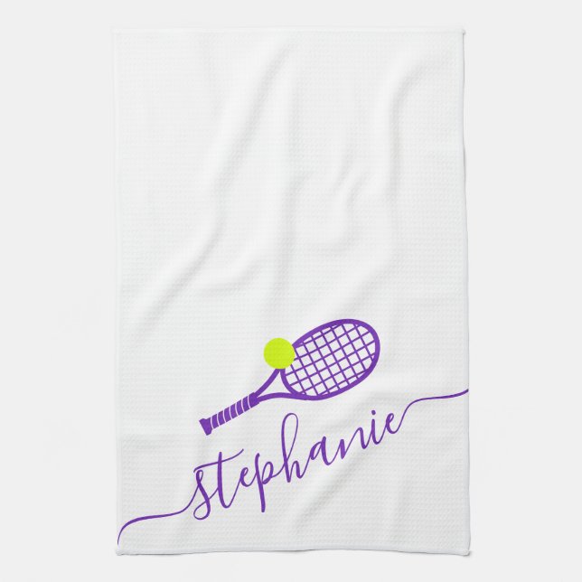 Tennis Personalised Purple Script Name Tea Towel (Vertical)