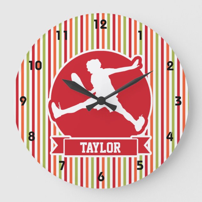 Tennis Player; Red, Orange, Green, White Stripes Large Clock (Front)