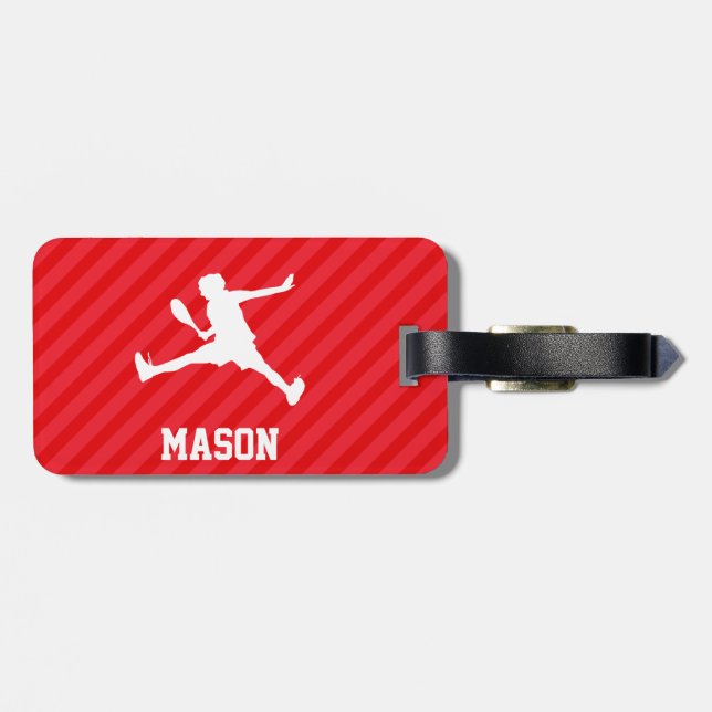 Tennis Player; Scarlet Red Stripes Luggage Tag (Back Horizontal)
