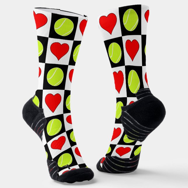 Tennis Player Tennis Balls & Hearts Pattern Sports Socks (Angled)