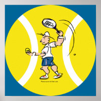 Tennis poster with cartoon and yellow ball