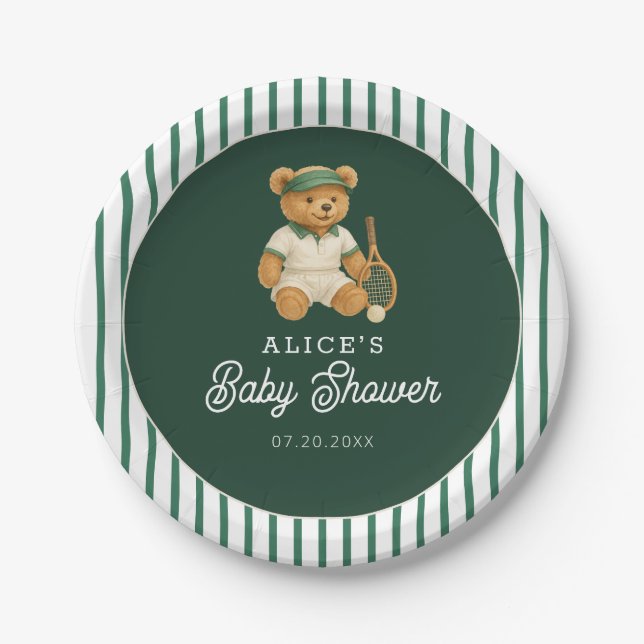Tennis Preppy Bear Baby Shower Paper Plate (Front)