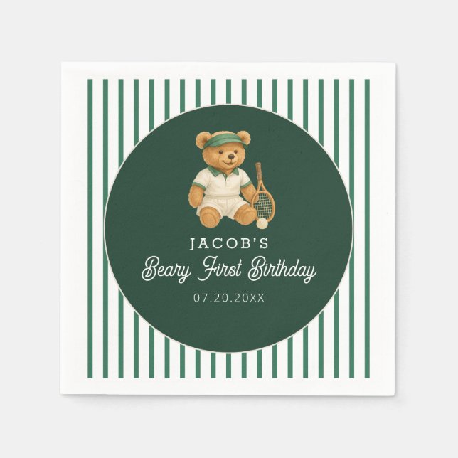 Tennis Preppy Bear Green 1st Birthday Napkin (Front)