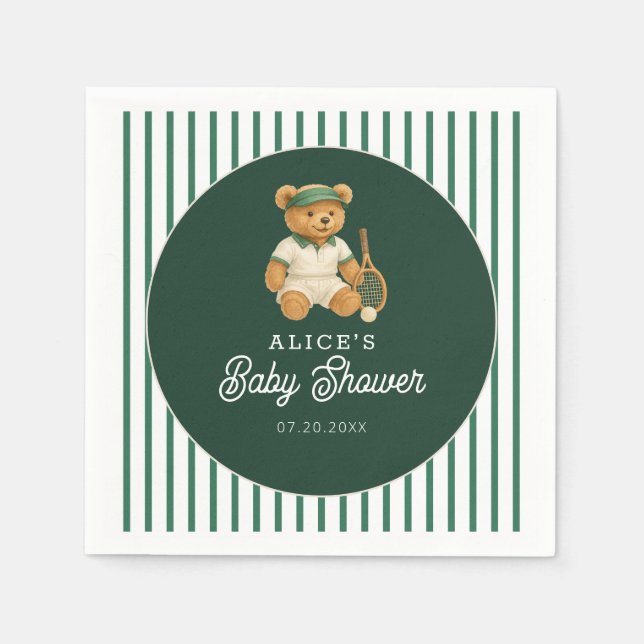 Tennis Preppy Bear Green Baby Shower Napkin (Front)