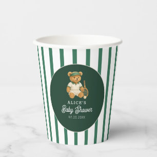 Tennis Preppy Bear Green Striped Baby Shower Paper Cups