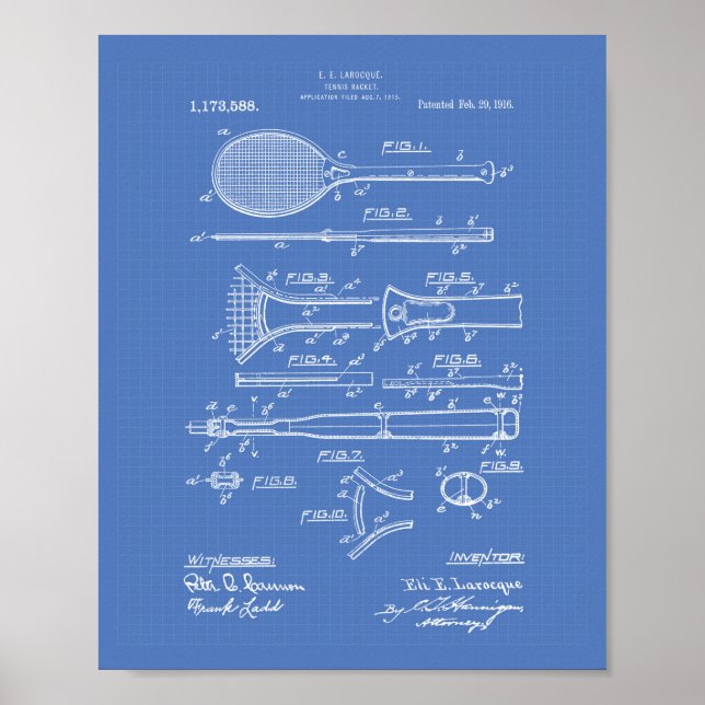 Tennis Racket 1916 Patent Art - Blueprint Poster (Front)