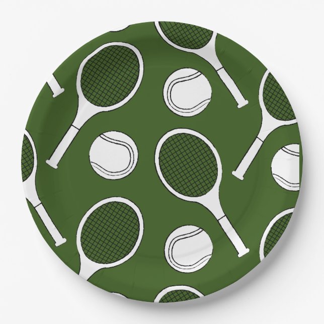 Tennis racket and ball black ink on green  paper plate (Front)