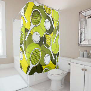 Tennis racket and ball black ink on yellow shower curtain