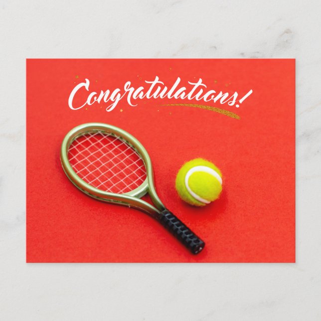 Tennis racket and ball  congratulations  on red  postcard (Front)